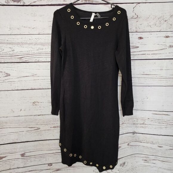 NY Collection Black Grommet Long Sleeve Sweater Dress Petite Medium NWT - Picture 2 of 4